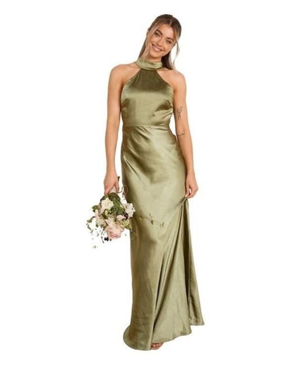 Six Stories NWT Metallic Halter Neck Satin Bridesmaid Dress Moss Green Size 2